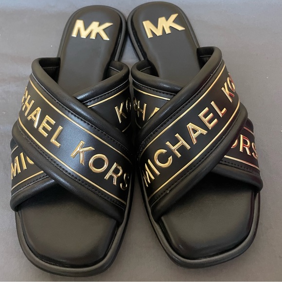LAST PAIR! Michael Kors Gideon Slide Sandal Blk/Gold BRAND NEW NEVER WORN - Picture 1 of 3